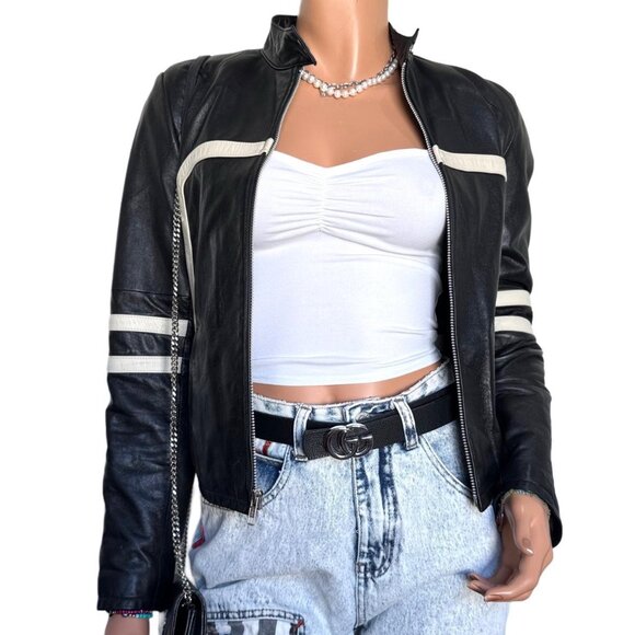 Wilson's Leather 90s Maxima Black & White Moto Racer Cafe Leather Jacket 2X RARE - Picture 1 of 16